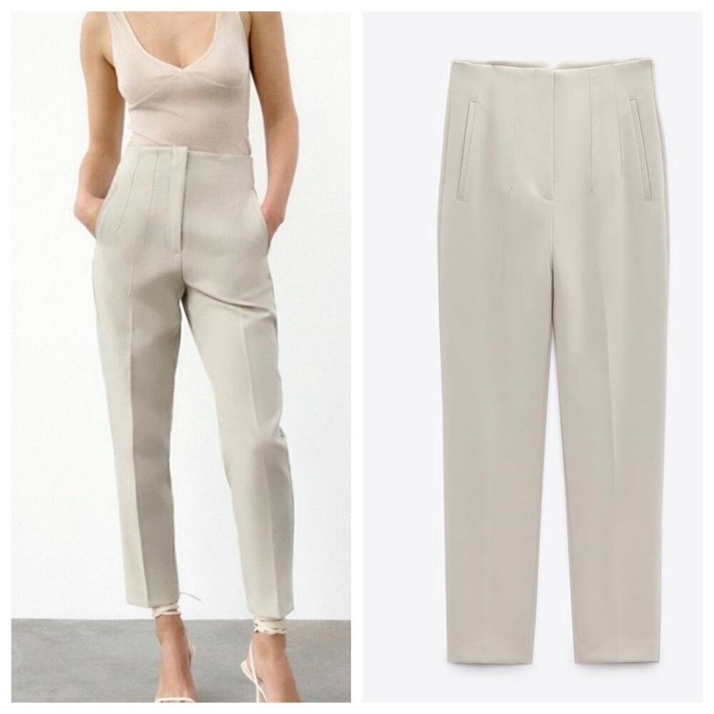 Zara Cream High Rise Trousers XS Pintuck Seam Front Work Office Business Casual